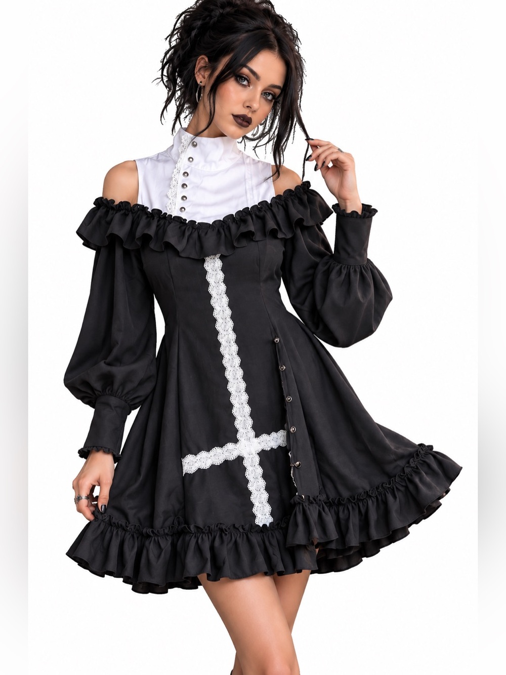 Gothic Victorian Black White Lace Cross Ruffle Mini Dress Costume Corset XS